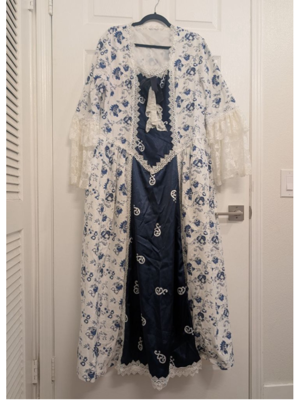 Blue Toile Rococo Marie Antoinette Gown XL - Renaissance Lace Floral Dress - Picture 3 of 7